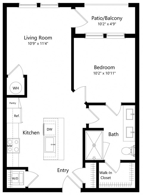 Floor plan for 1 bed, 1 bath, 652 sqft